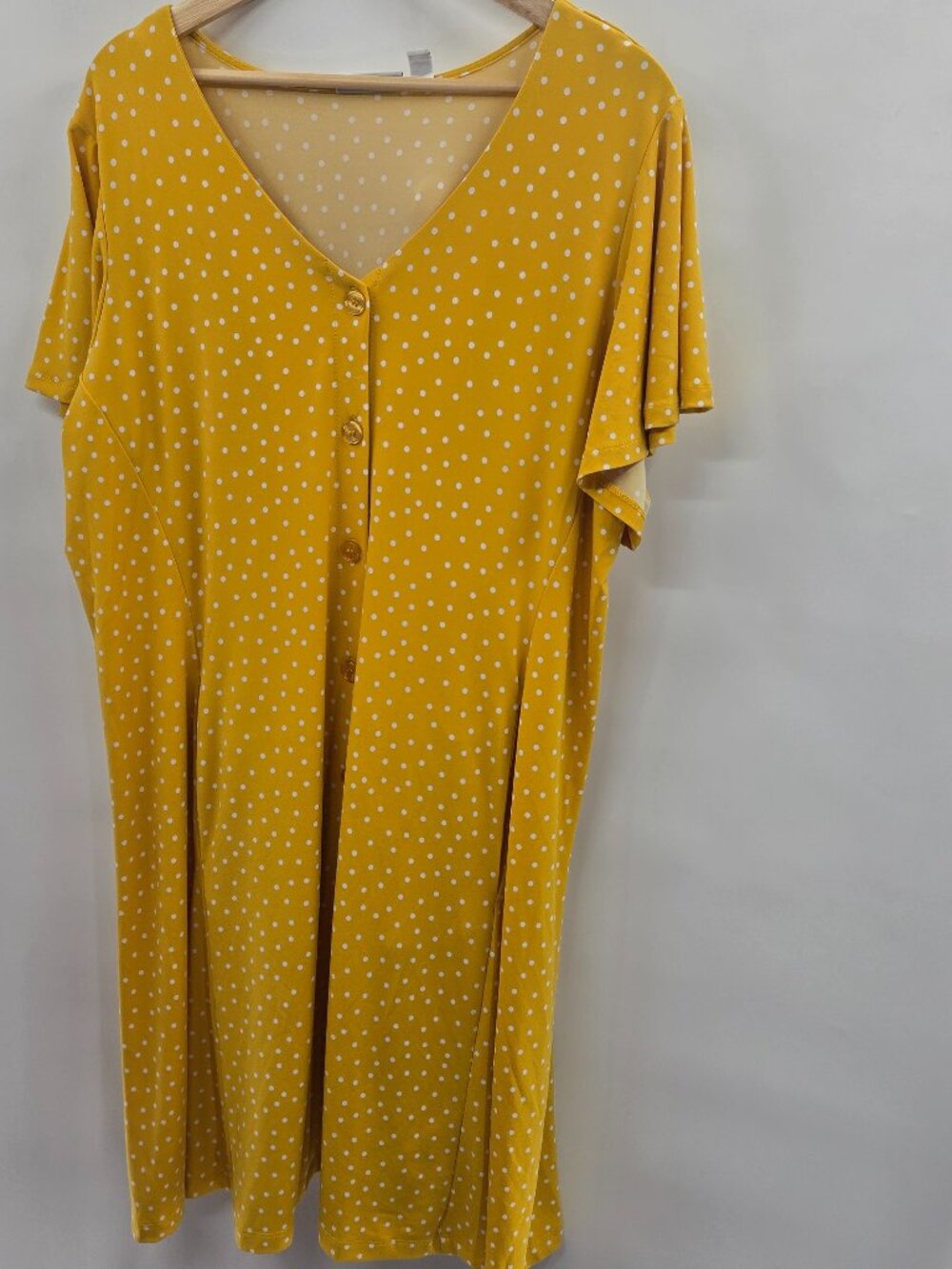 Susan Graver Yellow White Polka Dot Liquid Knit Button Front Midi Dress XLP